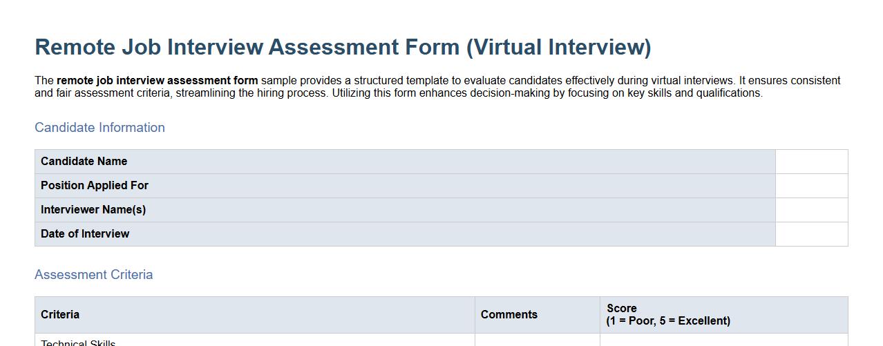 Remote job interview assessment form sample for virtual interviews image preview