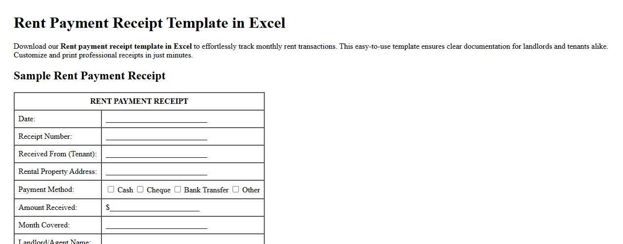Rent payment receipt template in Excel image preview