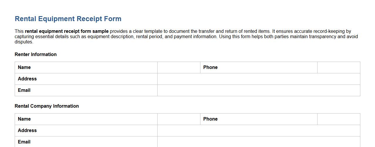 Rental equipment receipt form sample image preview