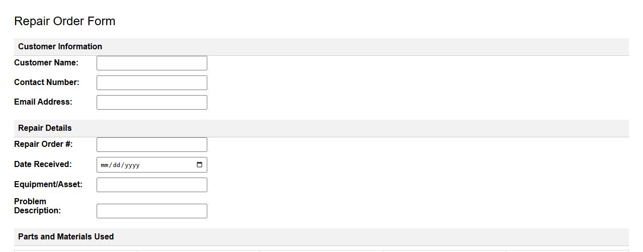 repair order form sample with parts and materials section image preview