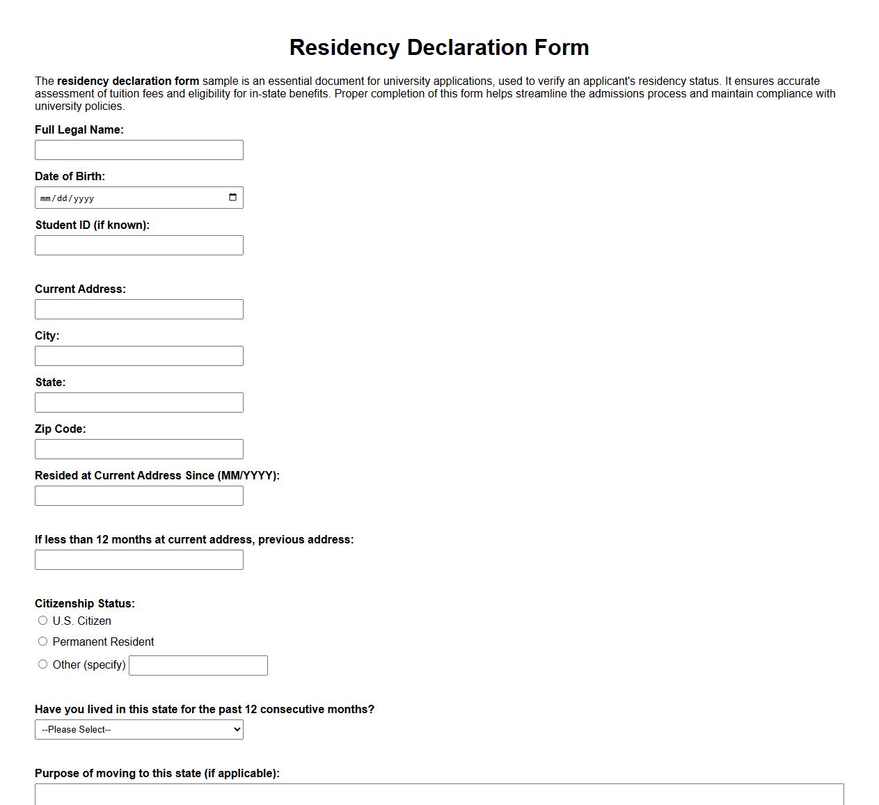 residency declaration form sample for university application image preview