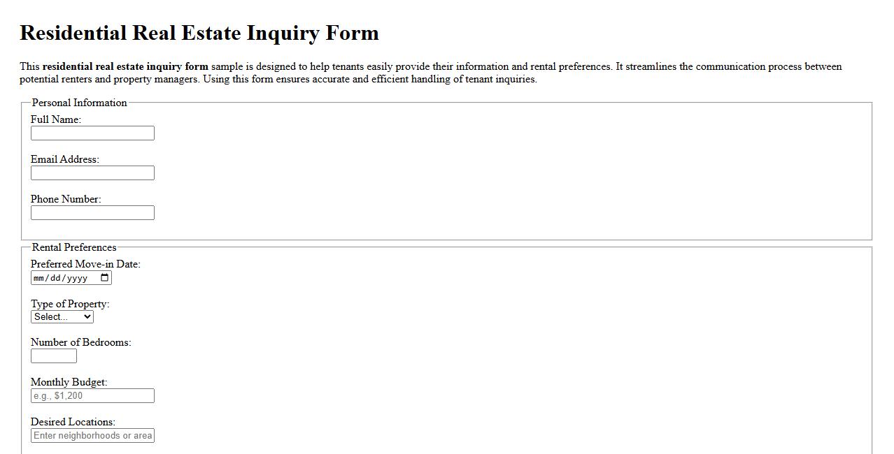 Residential real estate inquiry form sample for tenants image preview