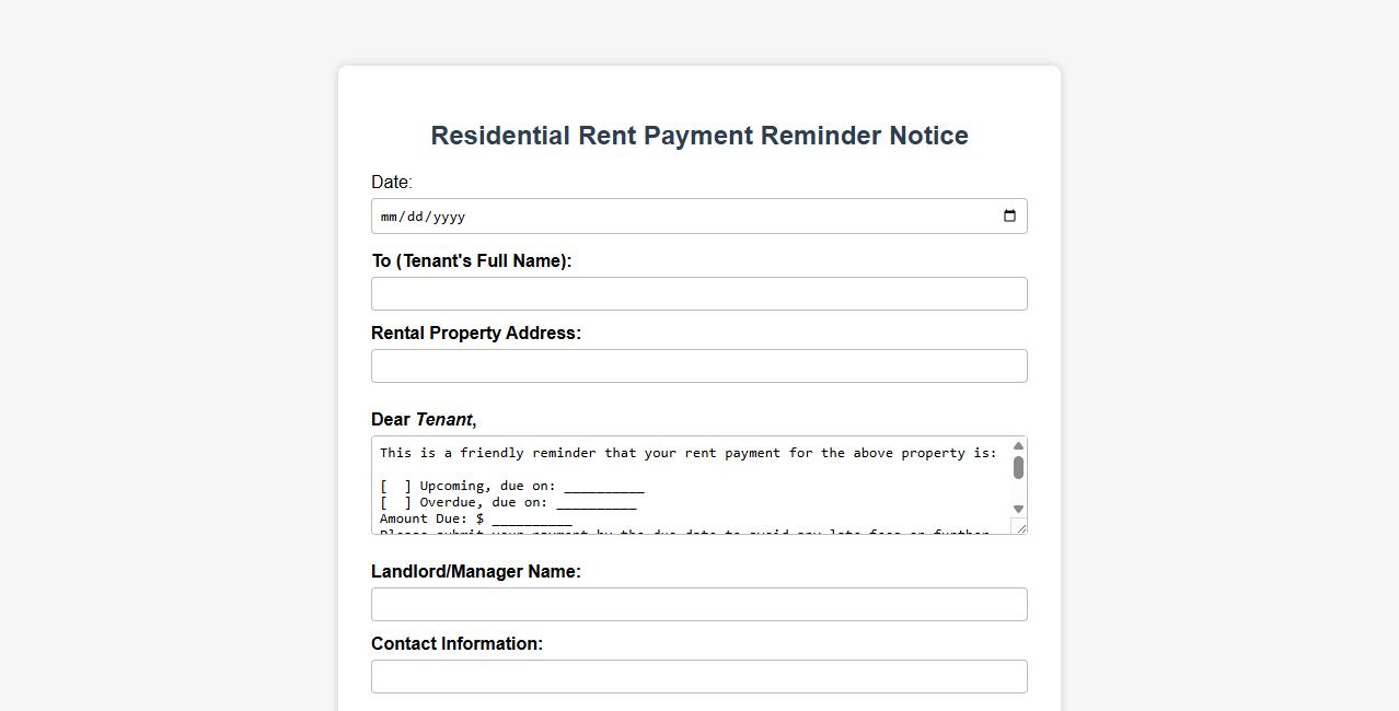 residential rent payment reminder notice form example image preview