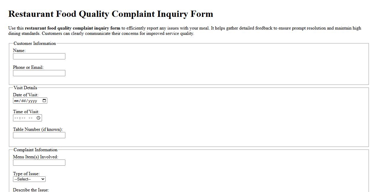 Restaurant food quality complaint inquiry form sample image preview
