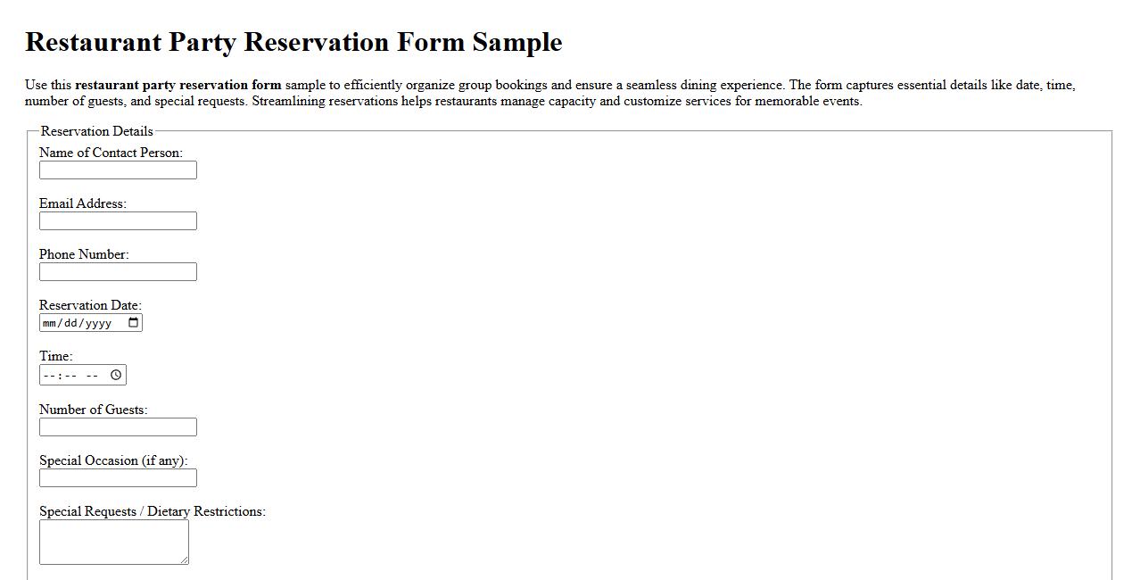 Restaurant party reservation form sample image preview
