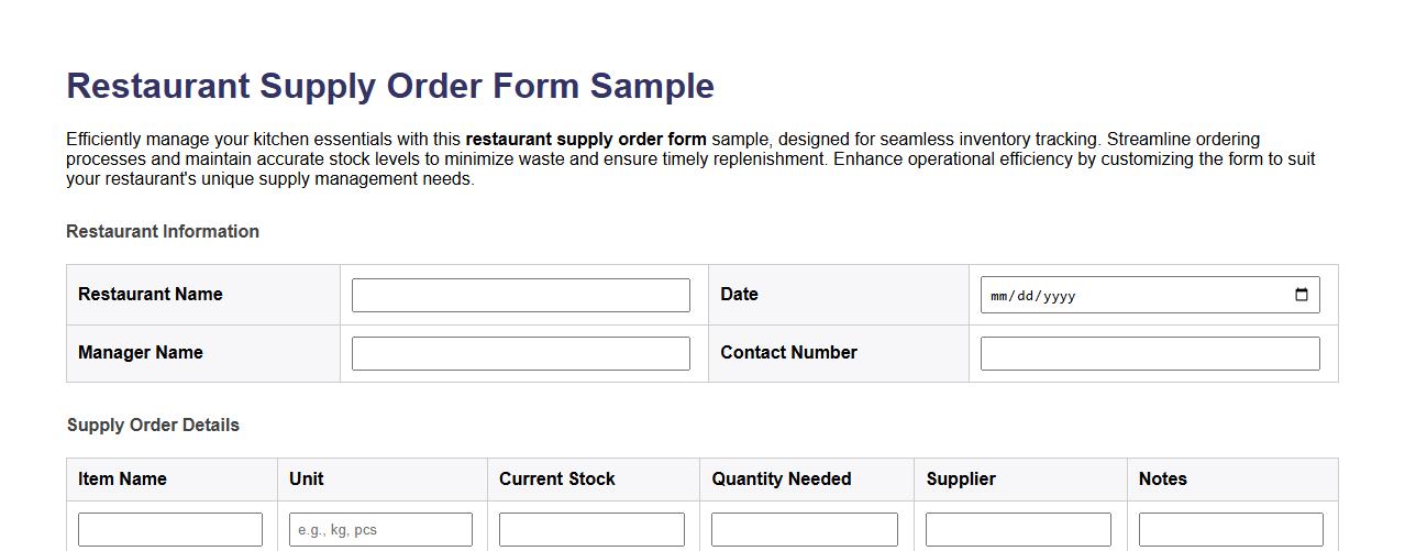 Restaurant supply order form sample for inventory tracking image preview