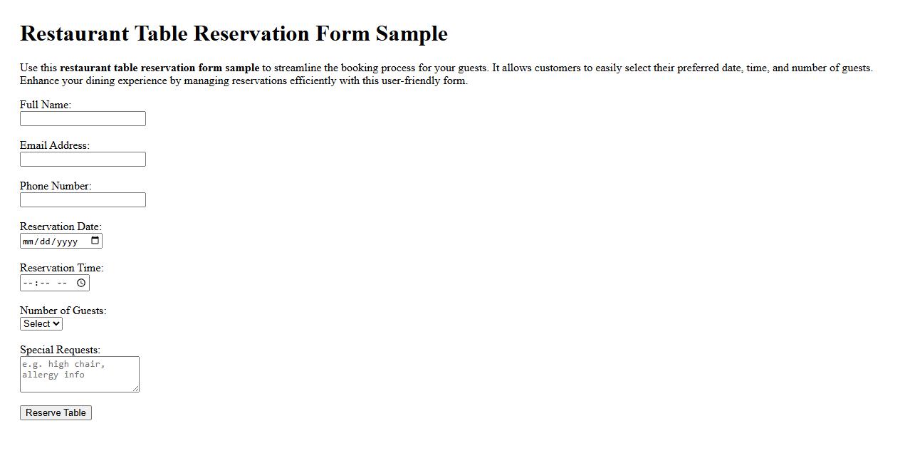 restaurant table reservation form sample image preview