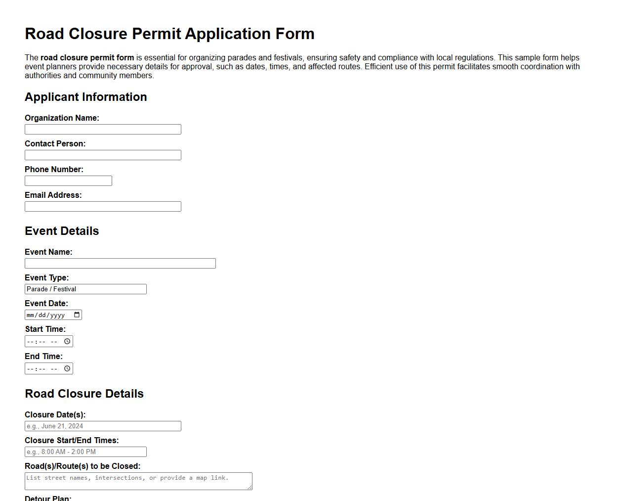 road closure permit form sample for parade and festival planning image preview