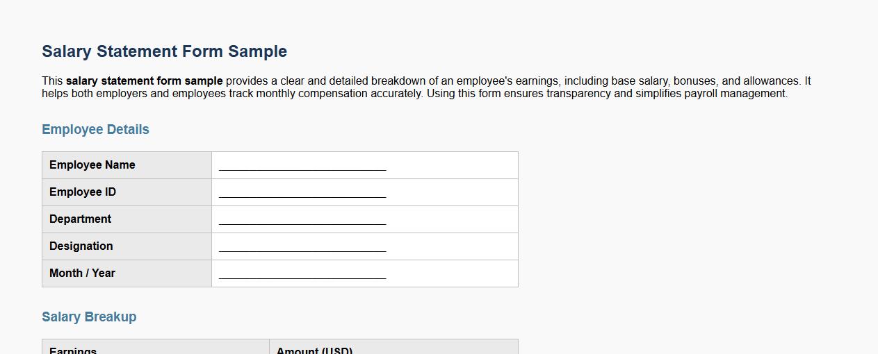salary statement form sample including bonuses and allowances image preview