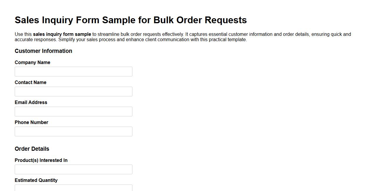 sales inquiry form sample for bulk order requests image preview