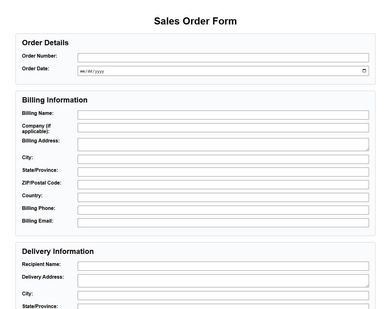 sales order form sample with delivery and billing section image preview
