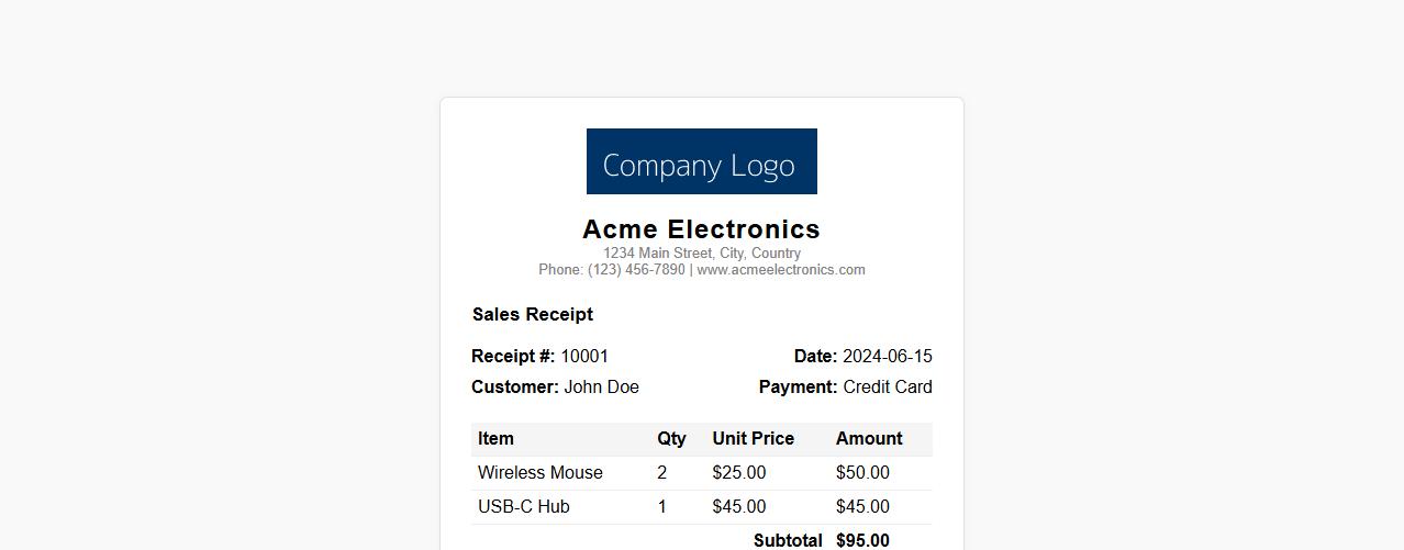 Sales receipt format with company logo image preview