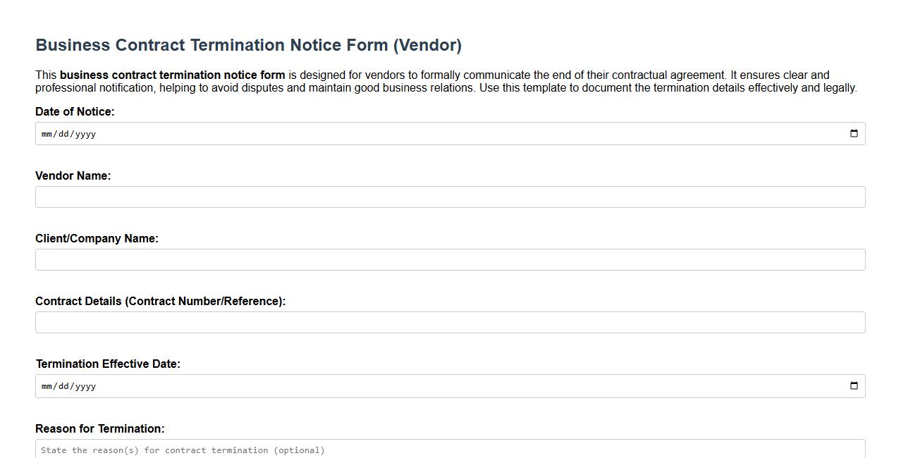Sample business contract termination notice form for vendors image preview