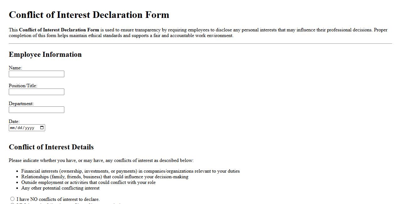sample conflict of interest declaration form for employees image preview