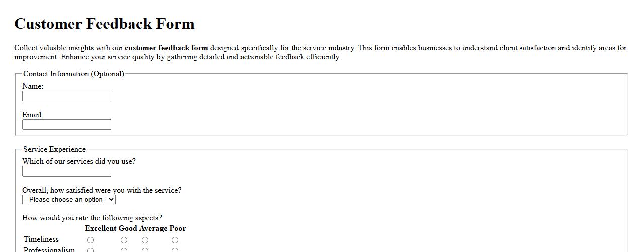 sample customer feedback form for service industry image preview