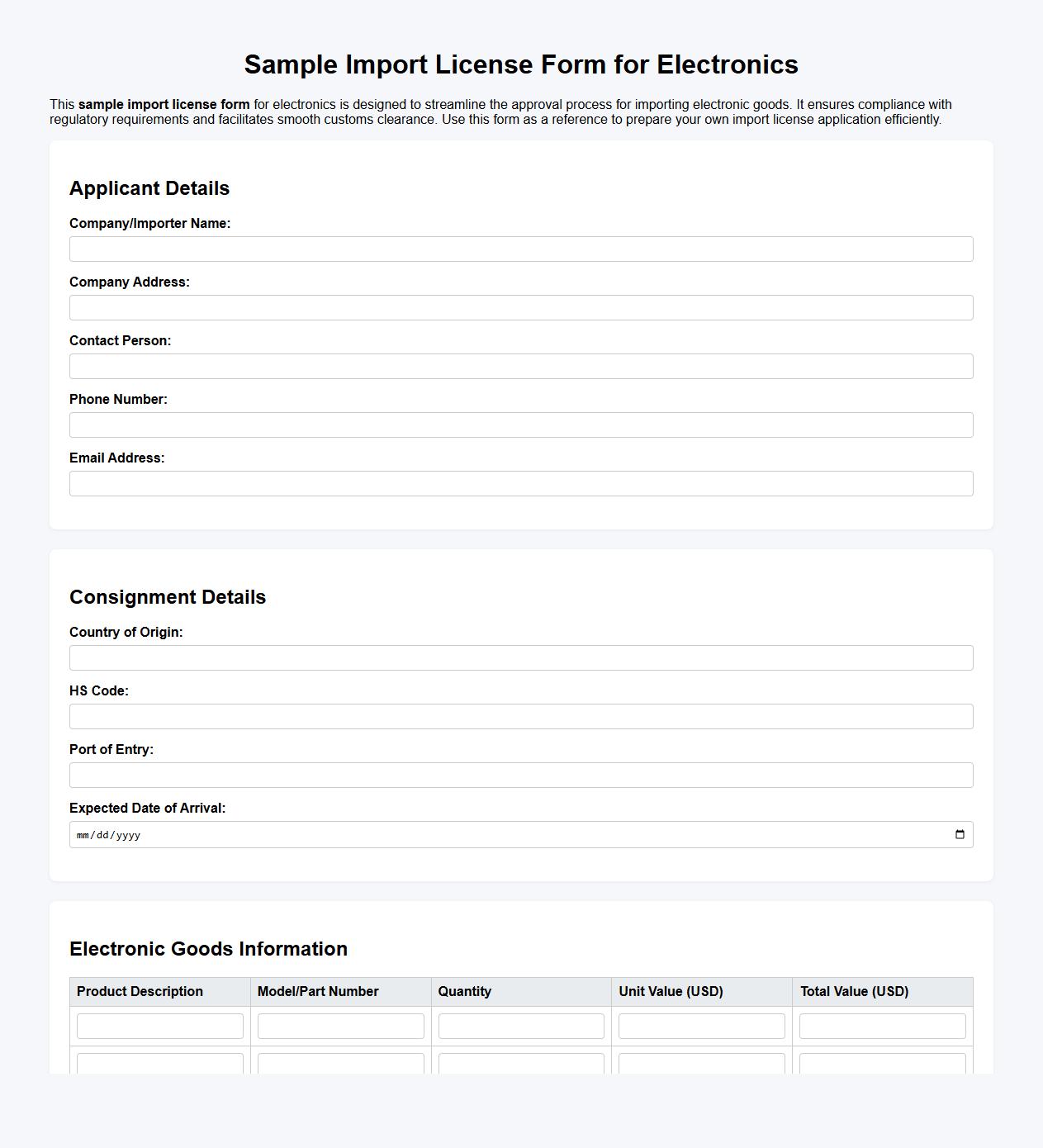 sample import license form for electronics image preview
