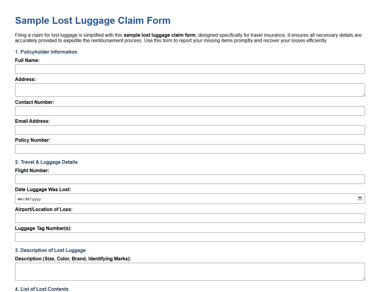 Sample lost luggage claim form for travel insurance image preview