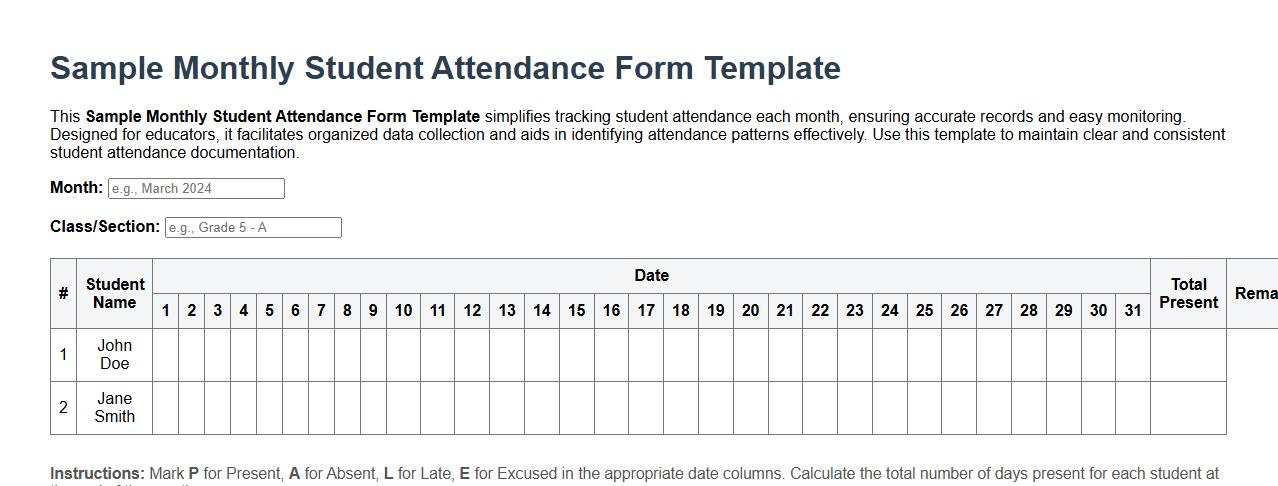 Sample Monthly Student Attendance Form Template image preview