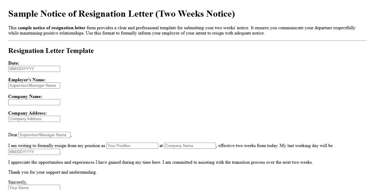 sample notice of resignation letter form with two weeks notice image preview