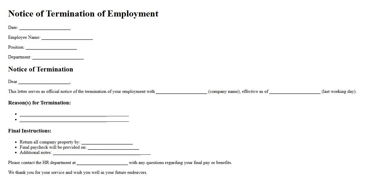 sample notice of termination form for employee dismissal image preview