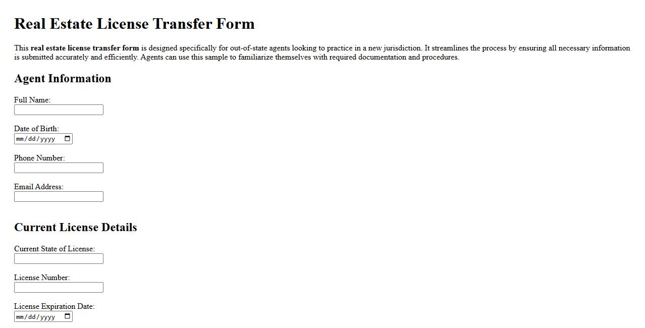 Sample real estate license transfer form for out-of-state agents image preview