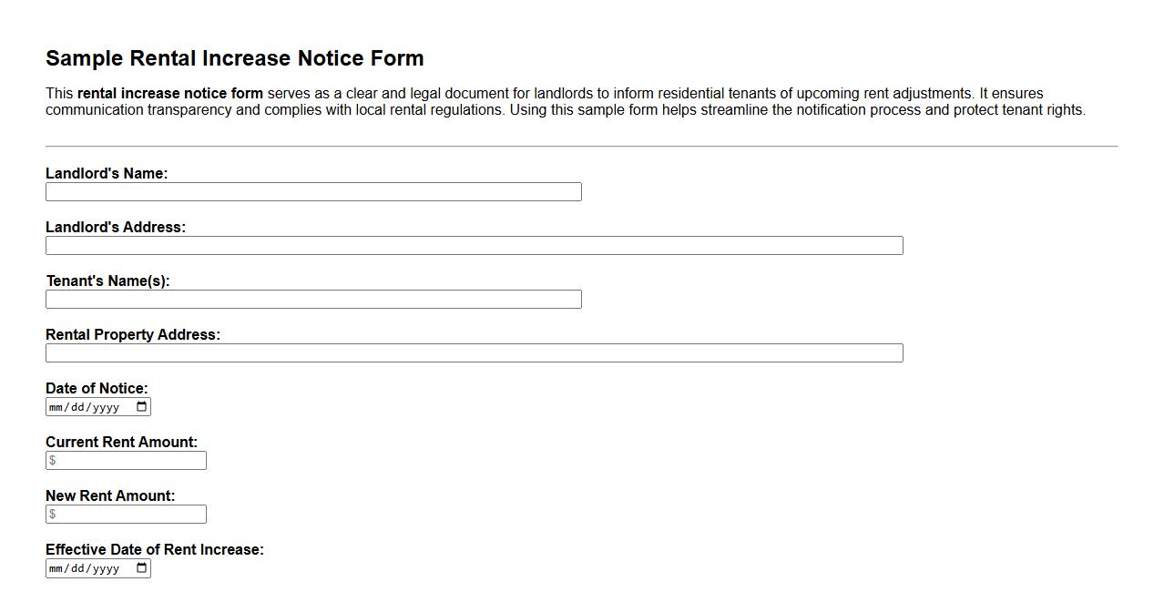 Sample rental increase notice form for residential tenants image preview