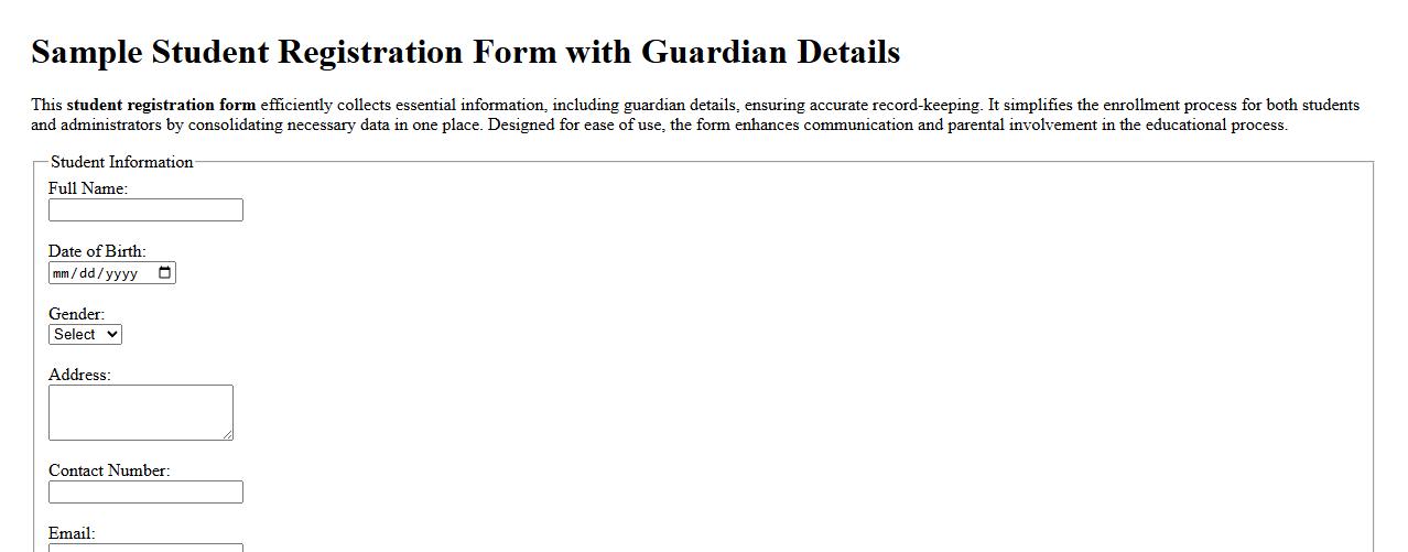 Sample student registration form with guardian details image preview