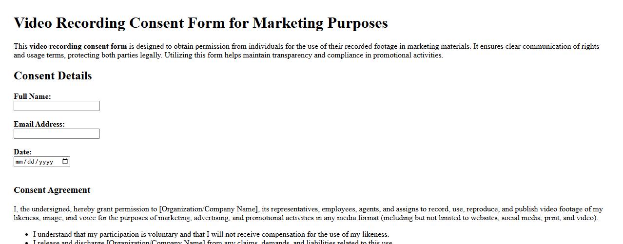 Sample video recording consent form for marketing purposes image preview