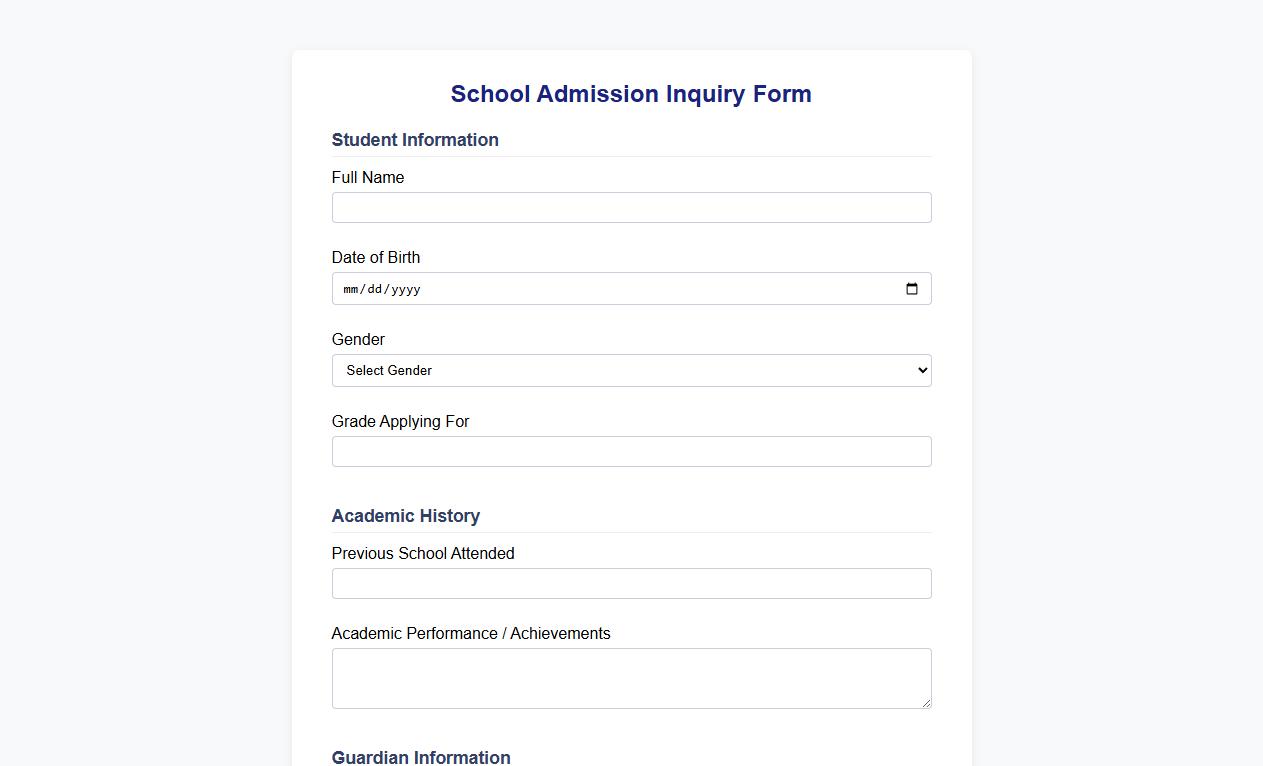 School admission inquiry form sample image preview