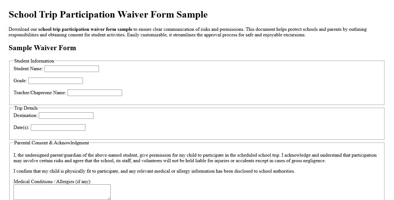 school trip participation waiver form sample image preview