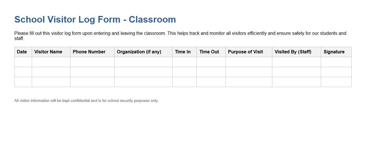 school visitor log form sample for classroom image preview
