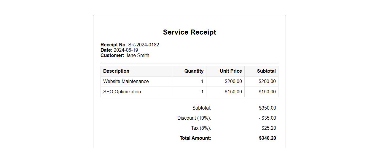 service receipt including tax and discount details image preview