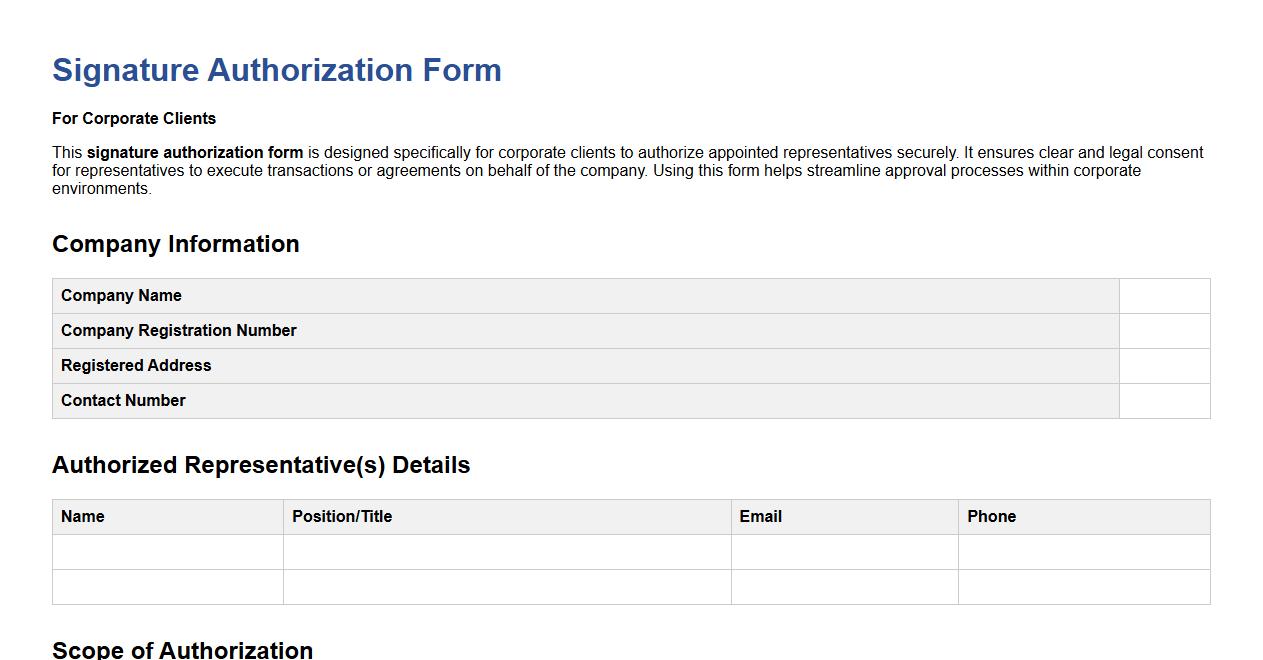 signature authorization form sample for corporate clients image preview