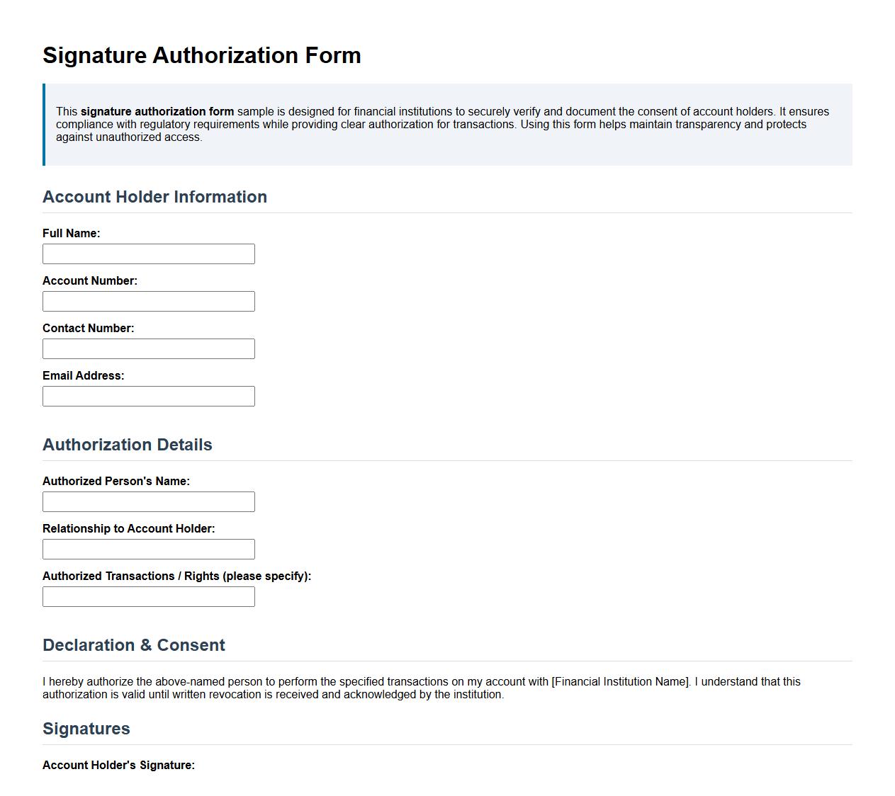 signature authorization form sample for financial institutions image preview