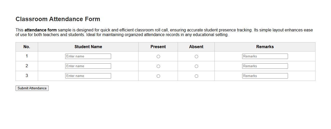 Simple attendance form sample for classroom roll call image preview