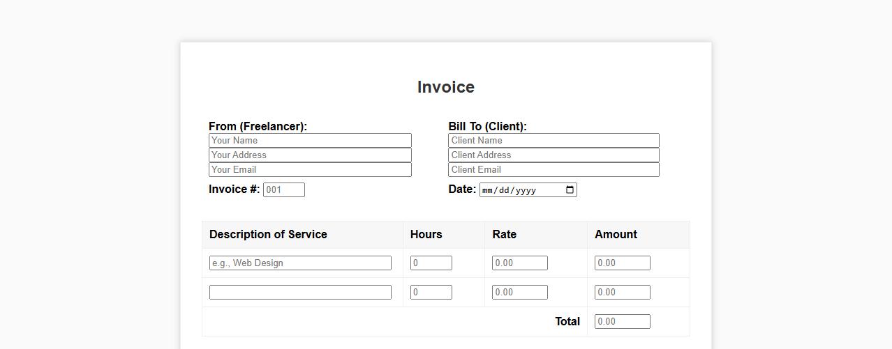Simple basic invoice form sample for freelancers image preview