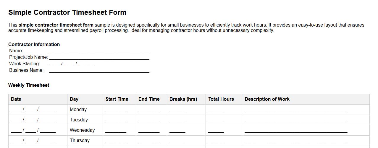 simple contractor timesheet form sample for small businesses image preview