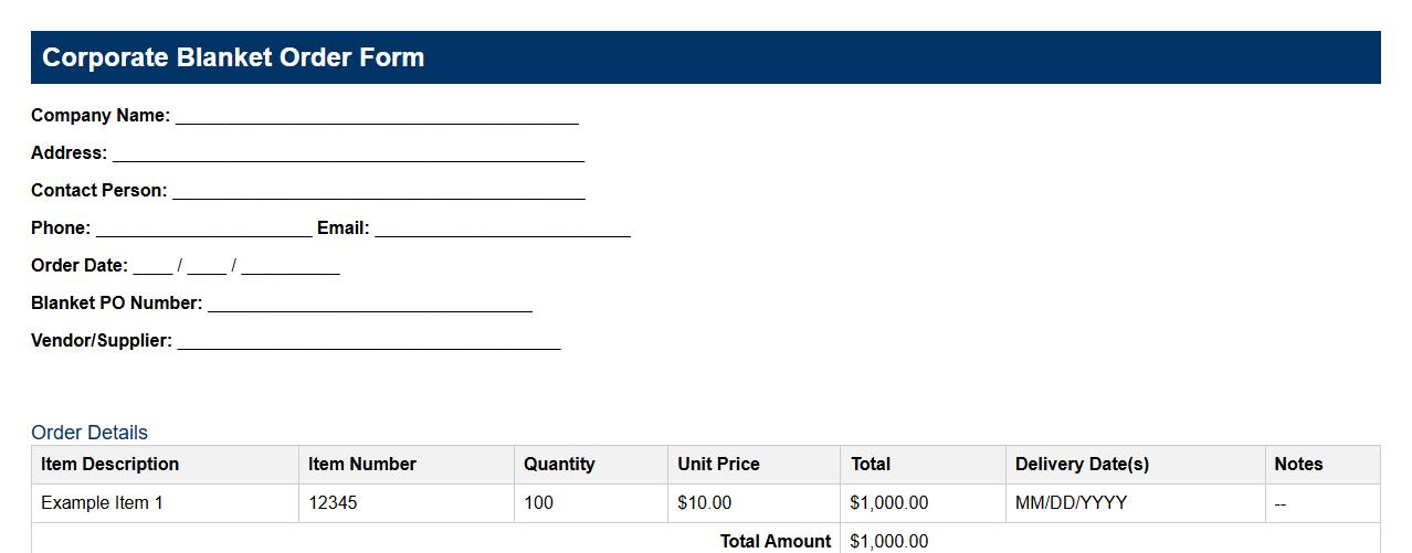 simple corporate blanket order form sample template image preview
