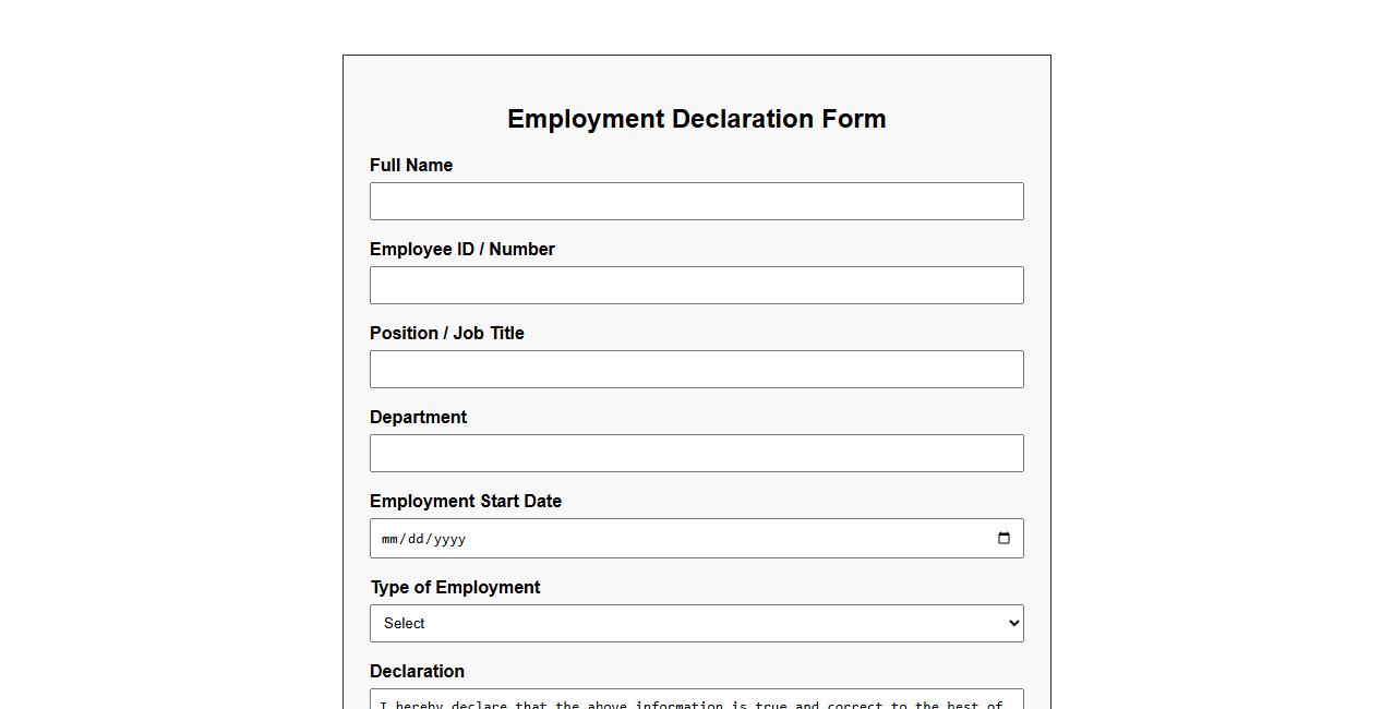 simple employment declaration form sample PDF image preview
