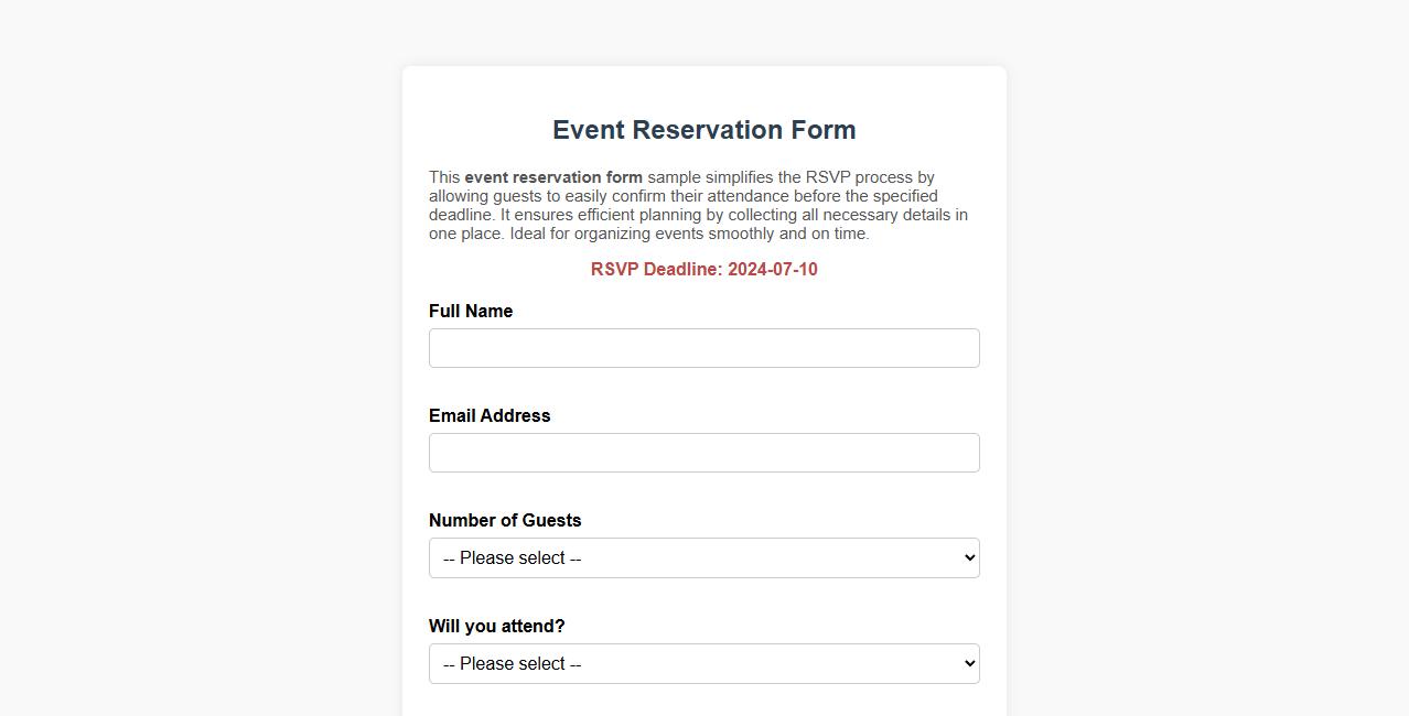 Simple event reservation form sample with RSVP deadline image preview