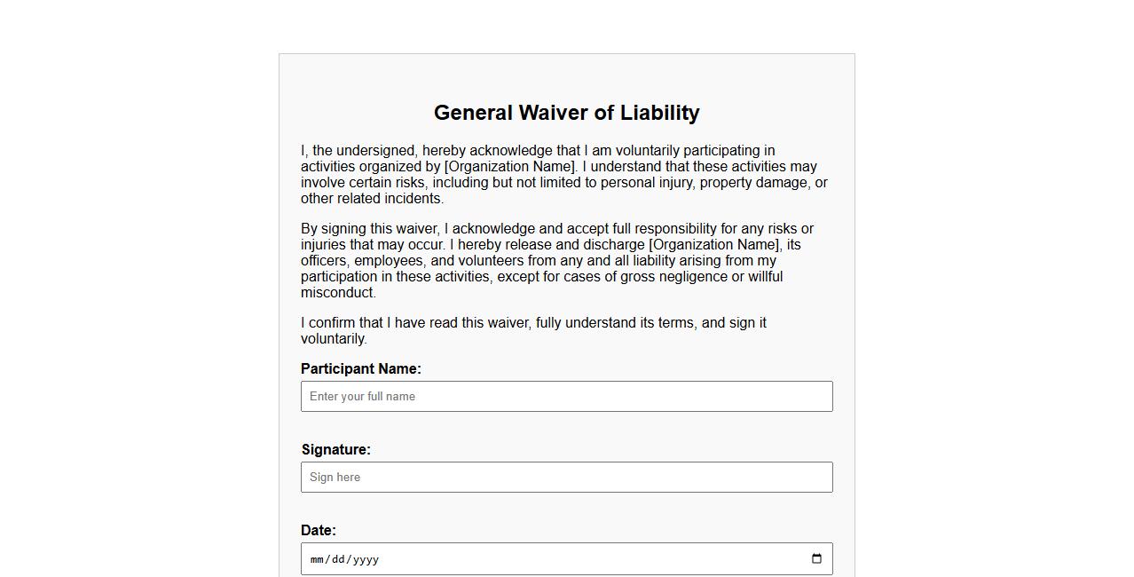 simple general waiver form sample for liability image preview