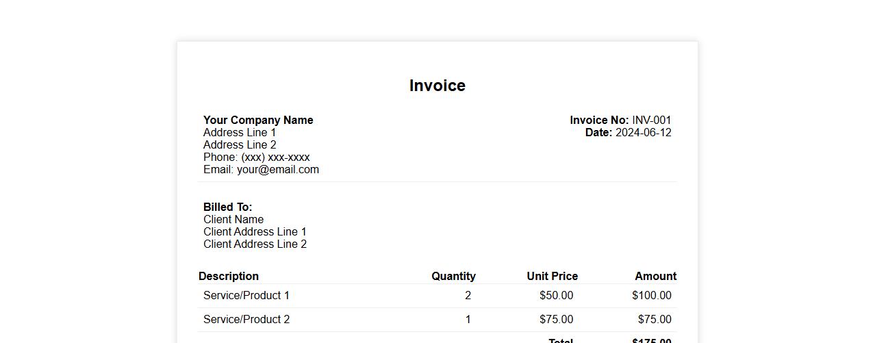 Simple invoice template Word without VAT image preview