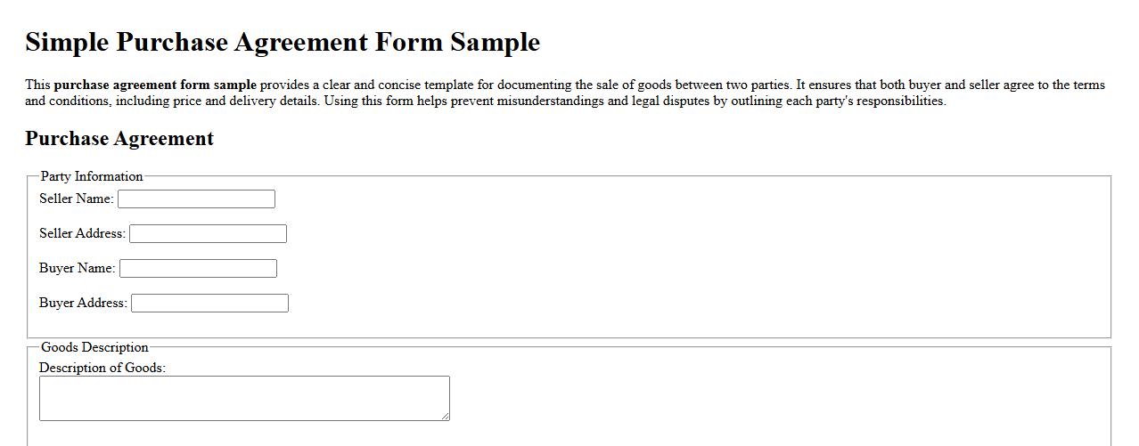 Simple purchase agreement form sample between two parties image preview