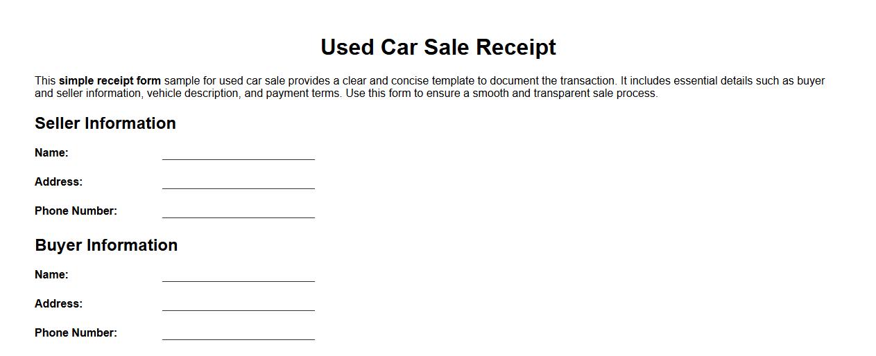 Simple receipt form sample for used car sale image preview