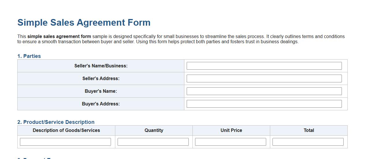 Simple sales agreement form sample for small business image preview