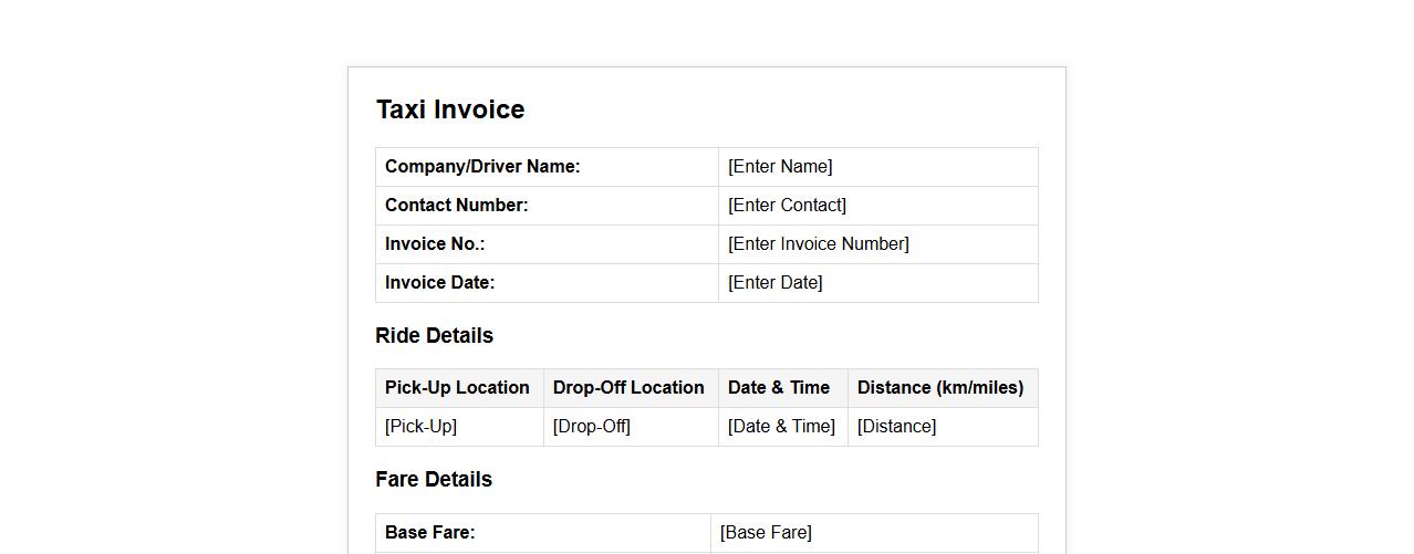 simple taxi invoice form sample in Word format image preview