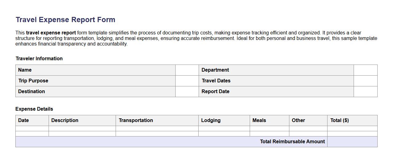 simple travel expense report form sample template image preview