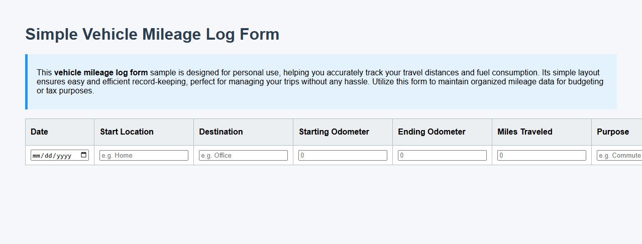 Simple vehicle mileage log form sample for personal use image preview