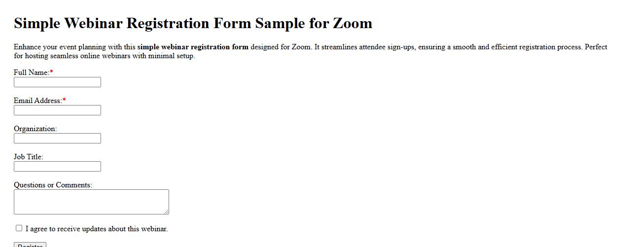 Simple webinar registration form sample for Zoom image preview