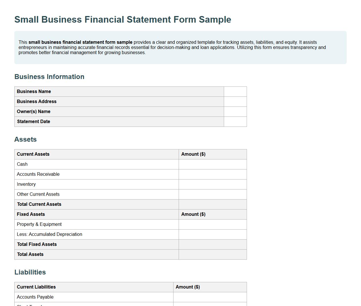 small business financial statement form sample image preview